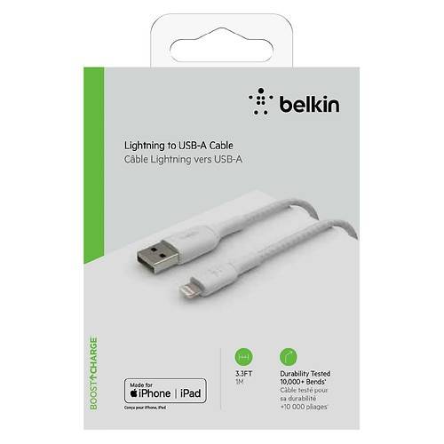Belkin BOOST CHARGE Braided Lightning to USB-A Cable (1m / 3.3ft, White) - 1.0 ea