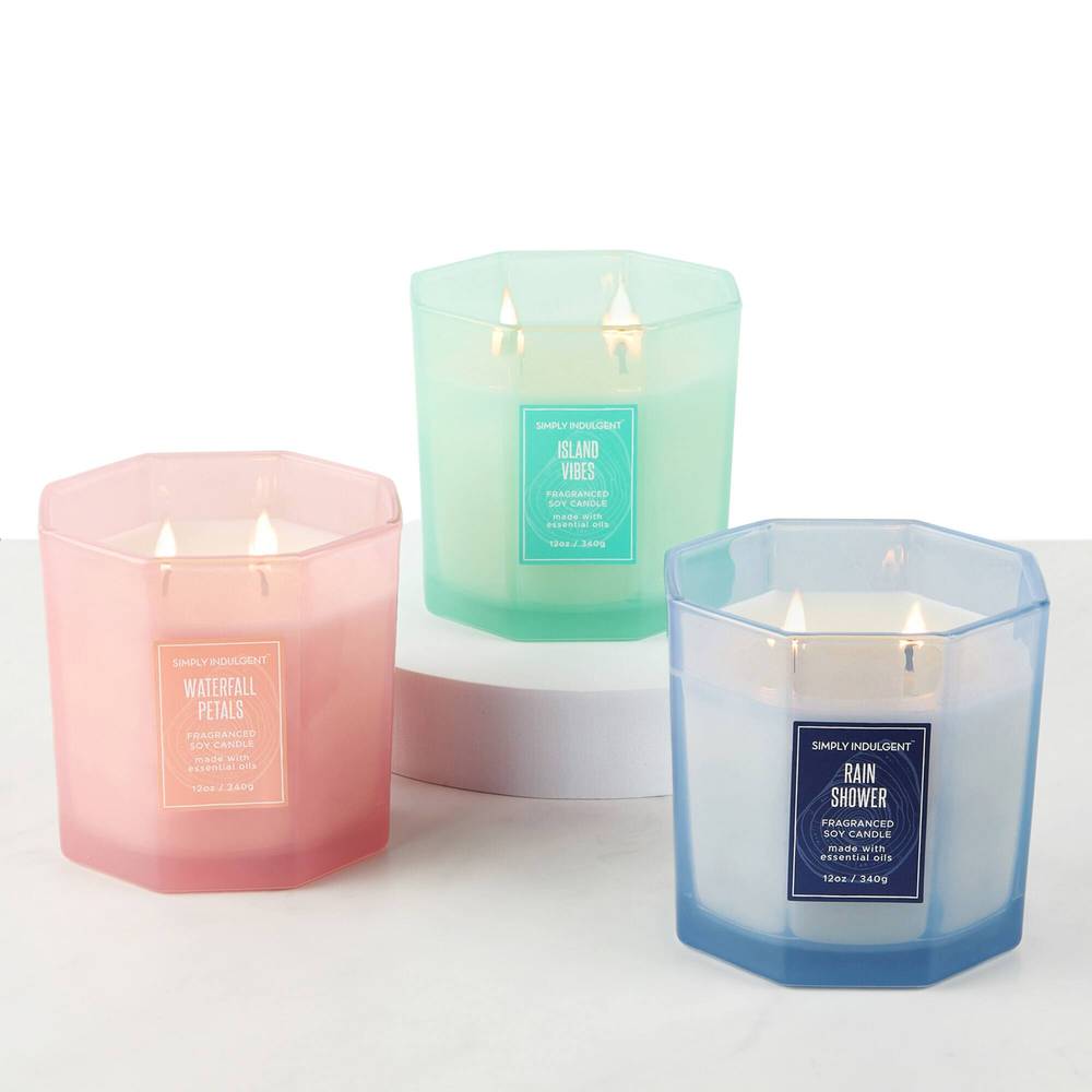 Simply Indulgent Fragranced Soy Wax Blend Candle Set (waterfall petals -rain shower - island vibes)