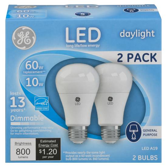 Ge Led Daylight 60w/10w 800 Lumens Dimmable A19 Light Bulbs (2 ct)