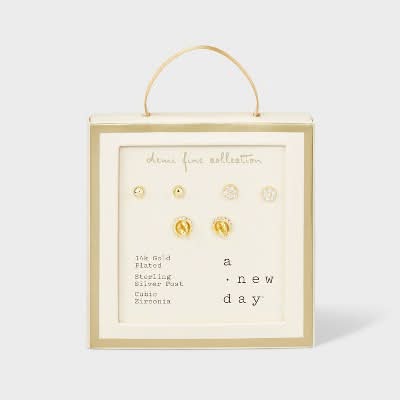 14K Gold Plated Ball Stud Cubic Zirconia Pave Disc and Knot Stud Earring Set 3pc - A New Day™ Gold: Brass, Nickel-Free