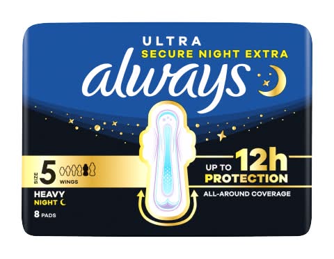 Always 5, Ultra Secure Night Extra Sanitary Pads With Wings (8 pack)
