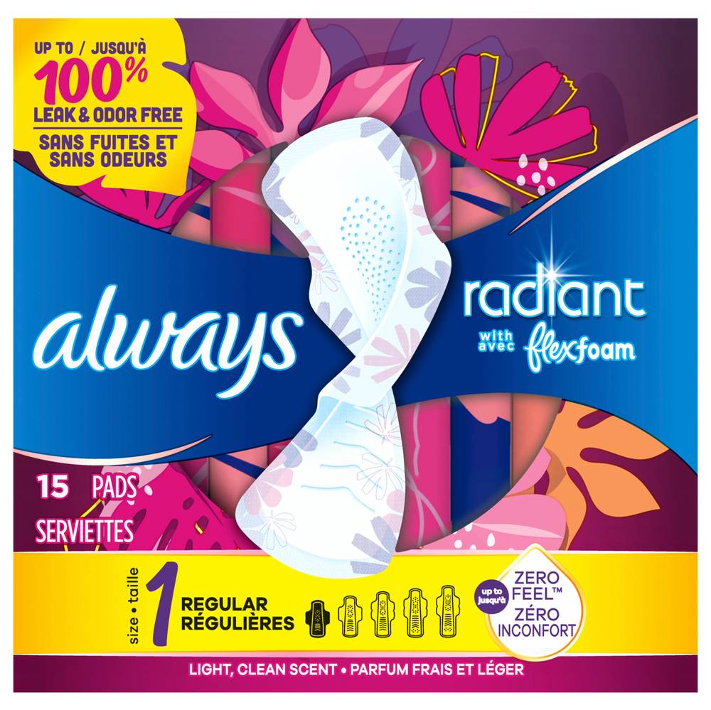 Always Radiant Regular Absorbency, Scented Pads, Size 1 (15 ct)