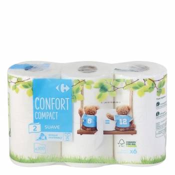 Papel higiénico 2 capas confort compact Carrefour 6 rollos.