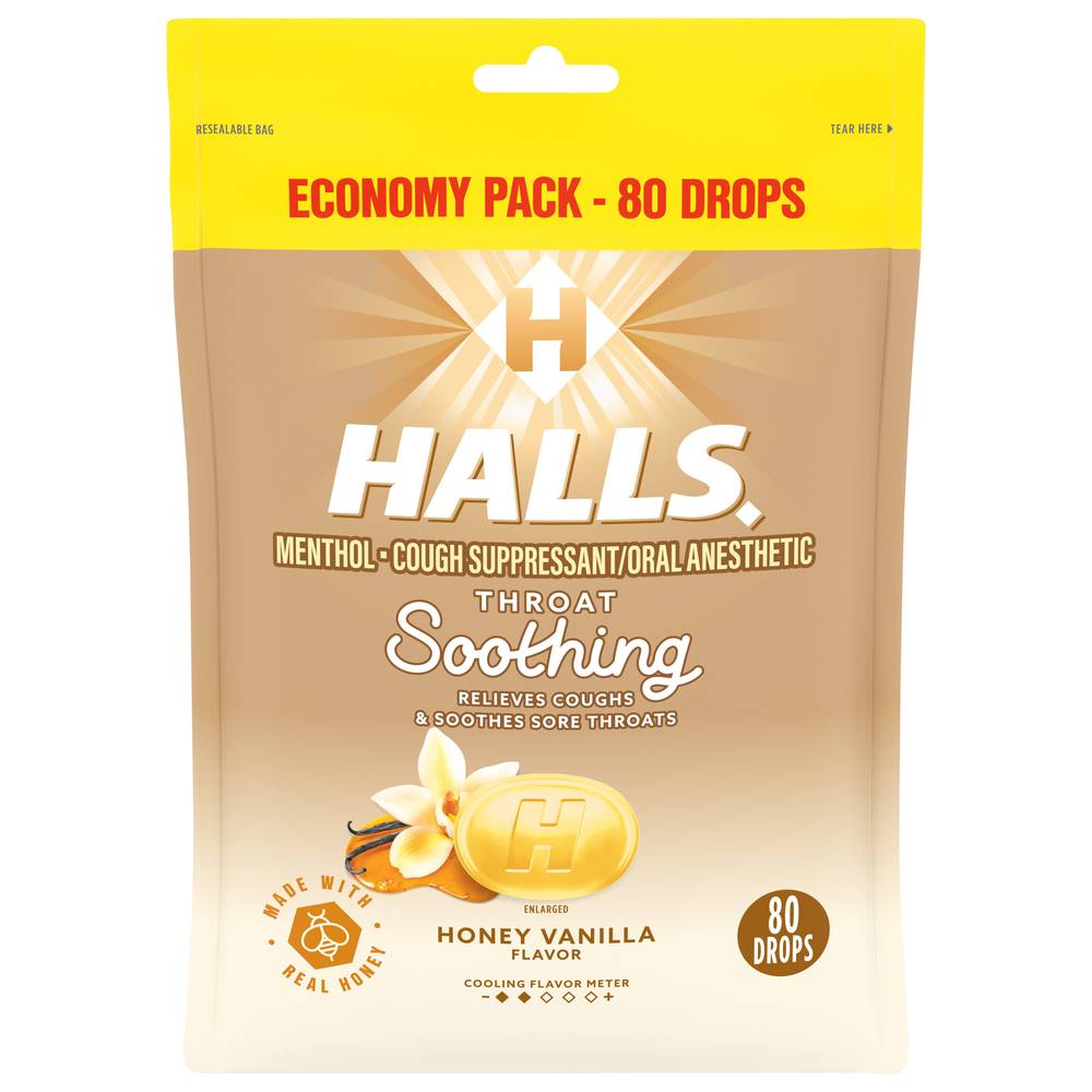 Halls Throat Soothing Honey Vanilla Flavor Cough Drops Economy