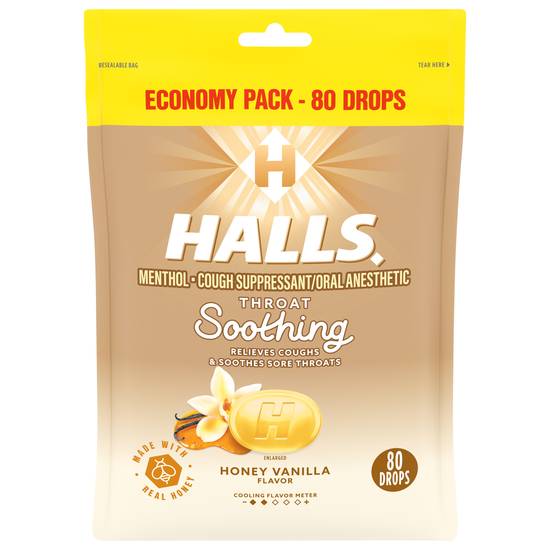 Halls Throat Soothing Honey Vanilla Flavor Cough Drops Economy