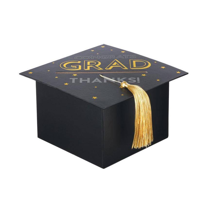 Black, Silver, Gold Grad Cap Card Box, 8in x 5.83in