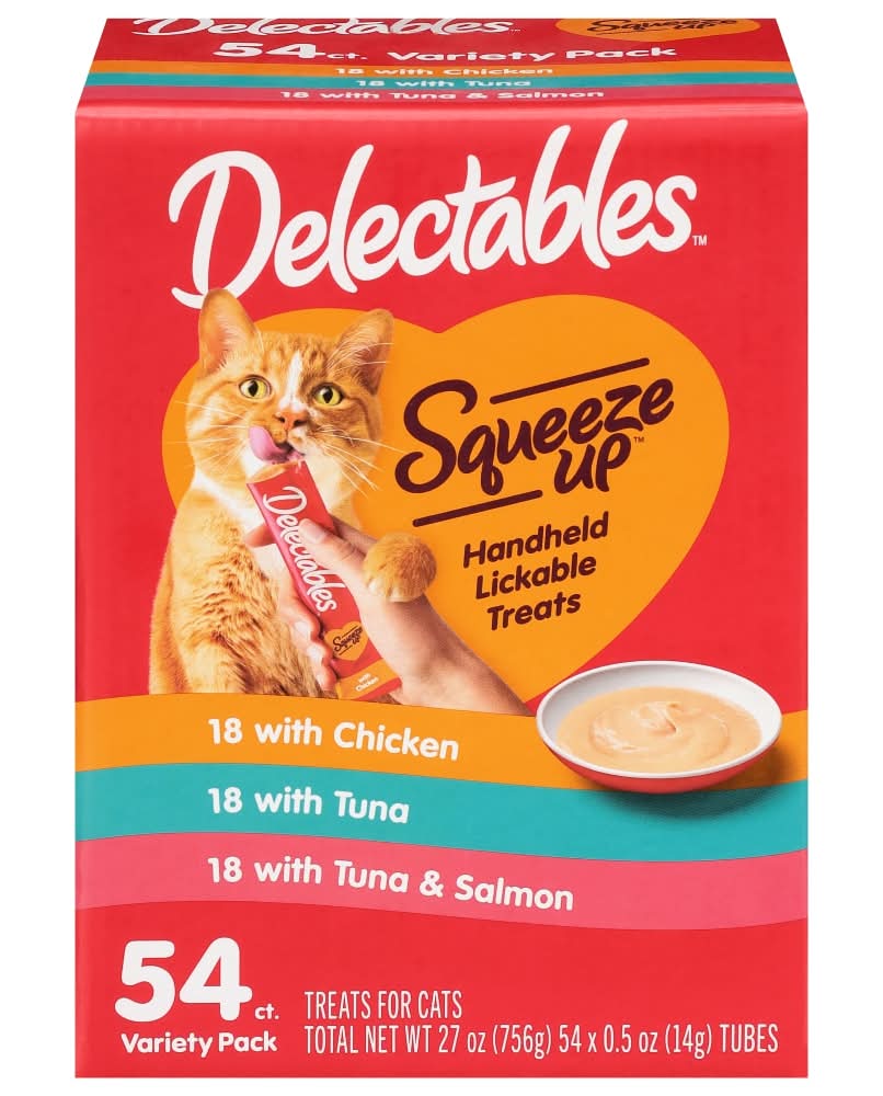 Delectables Squeeze Up Lickable Cat Treats Variety pack, Chicken-Tuna-Tuna & Salmon (54 x 0.5 oz)