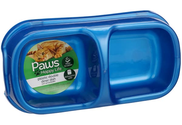Paws Happy Life Double Diner Plastic Small Cat Dish, Blue