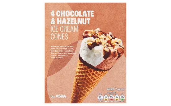Asda Chocolate & Hazelnut Ice Cream Cones 4 x 110ml (440ml)