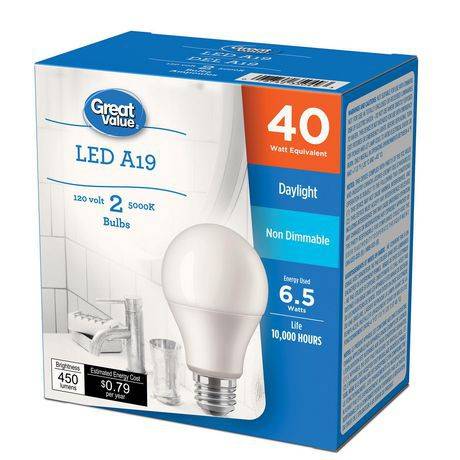 Great Value 40w A19 Daylight Led Bulbs 2-pack (non-dimmable, 450 lumens)