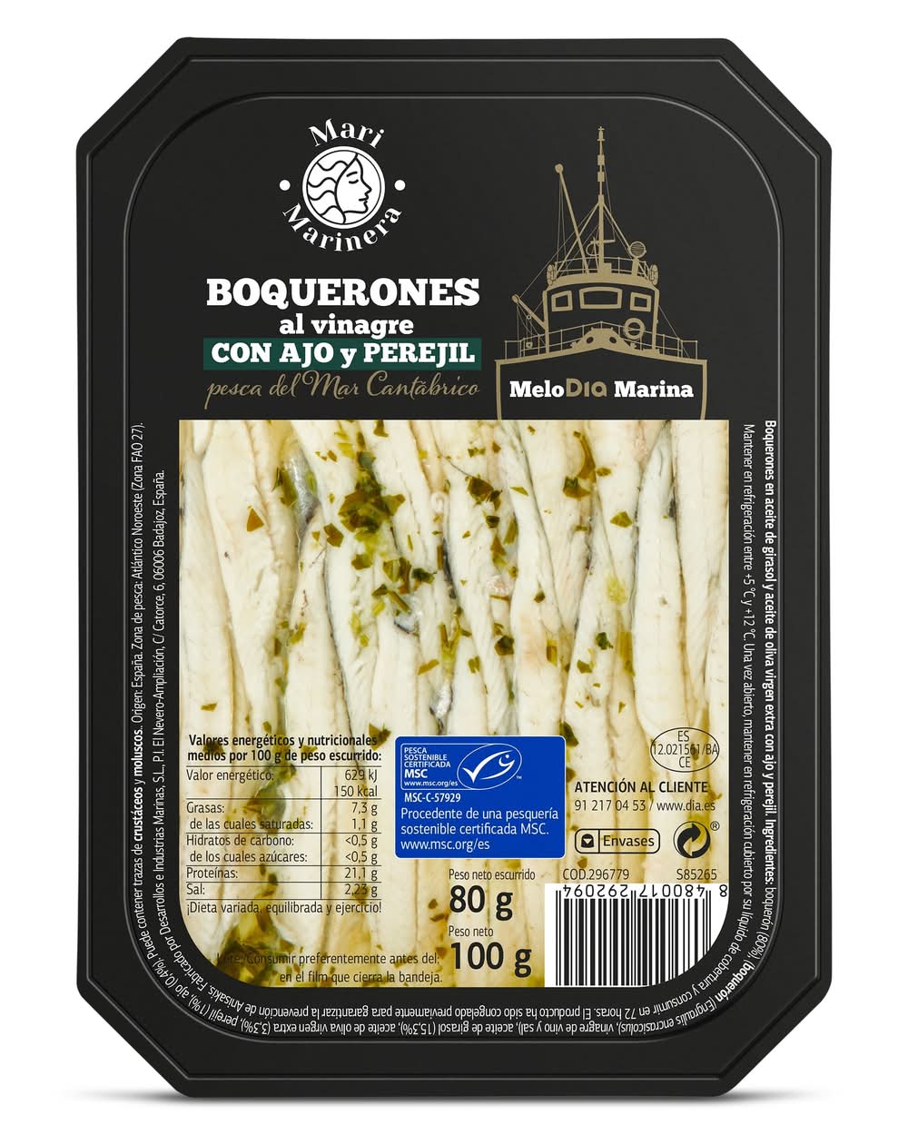 Boquerones Al Vinagre Con Ajo Y Perejil Msc Mari Marinera De Dia Bandeja 80 G