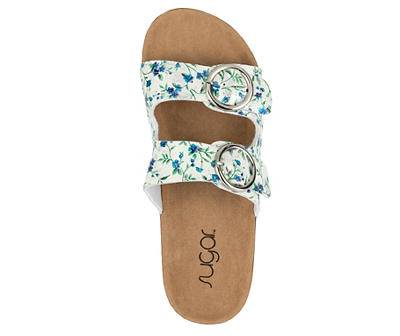 Women's 9 White & Blue Floral Double-Buckle Sandal