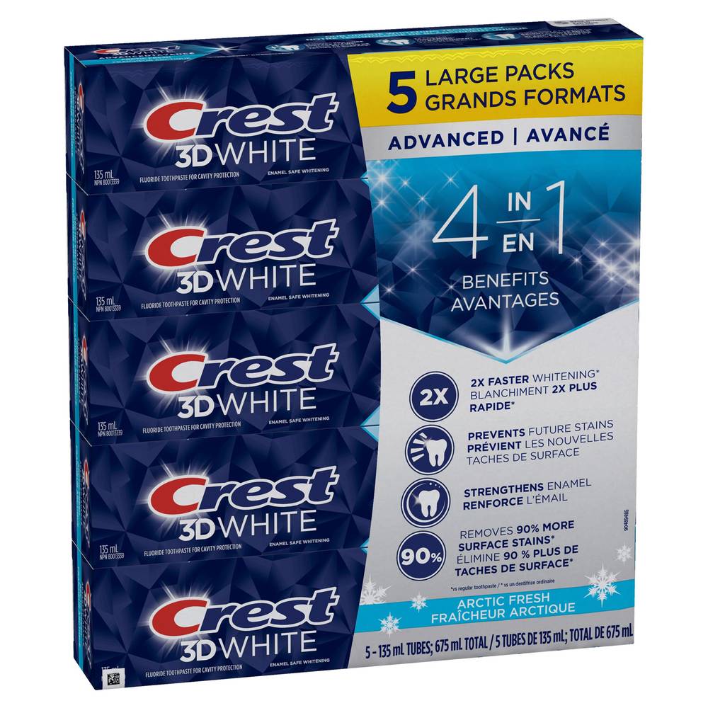 Crest 3D White Advanced, Teeth Whitening Toothpaste Arctic Fresh, 5 X 135 Ml