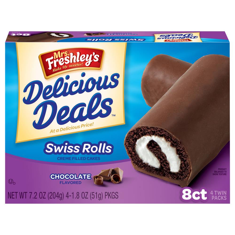 Mrs. Freshley's Swiss Rolls Wrapped Snack Cakes, Choclate (7.2 g, 8 ct)