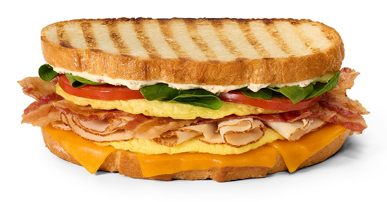 Cheesy Turkey, Bacon & Egg Omelet Breakfast Panini