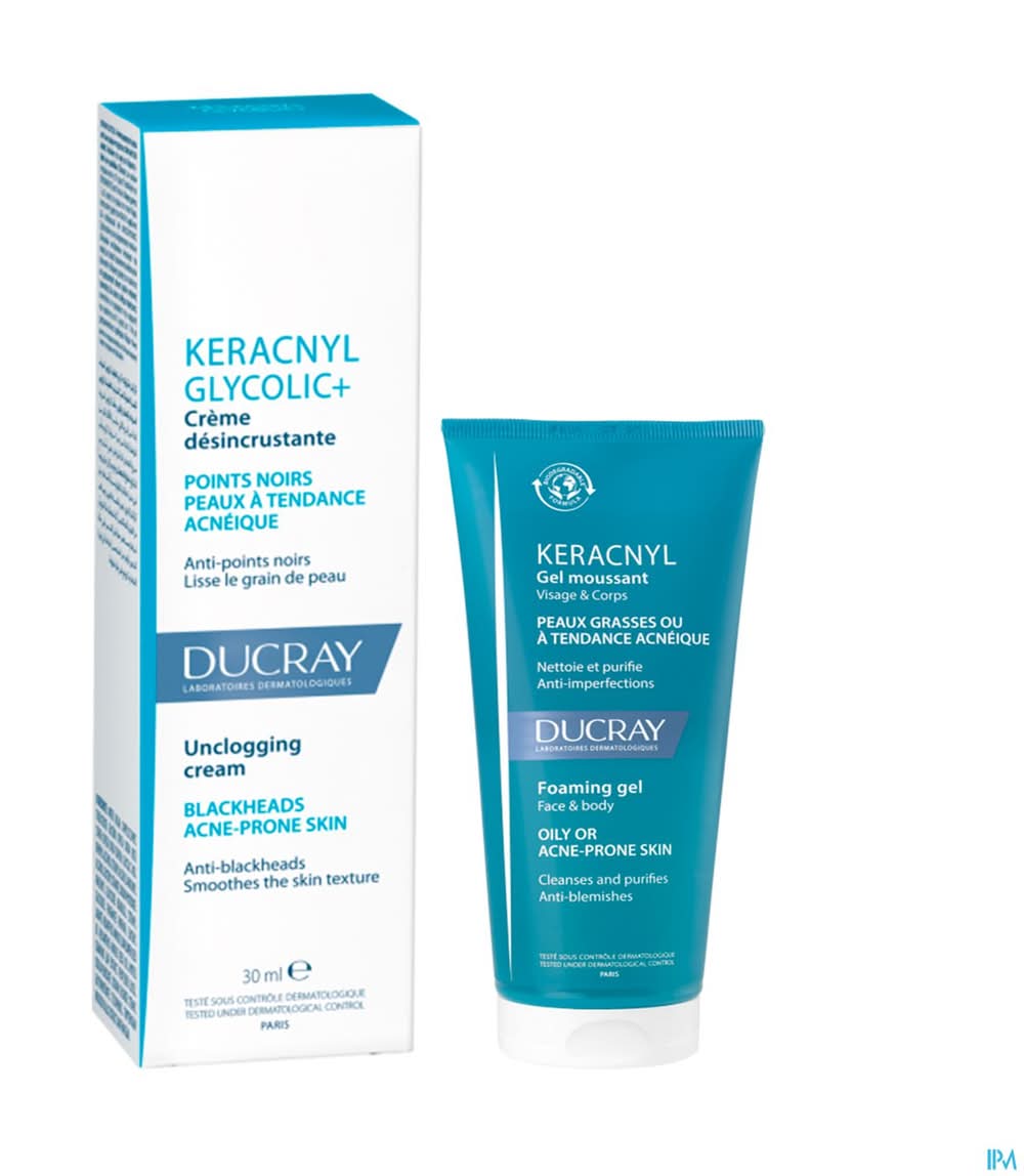 Ducray Keracnyl Glycolic+ Creme Desincrustante 30ml + Gel Moussant 40ml Offert