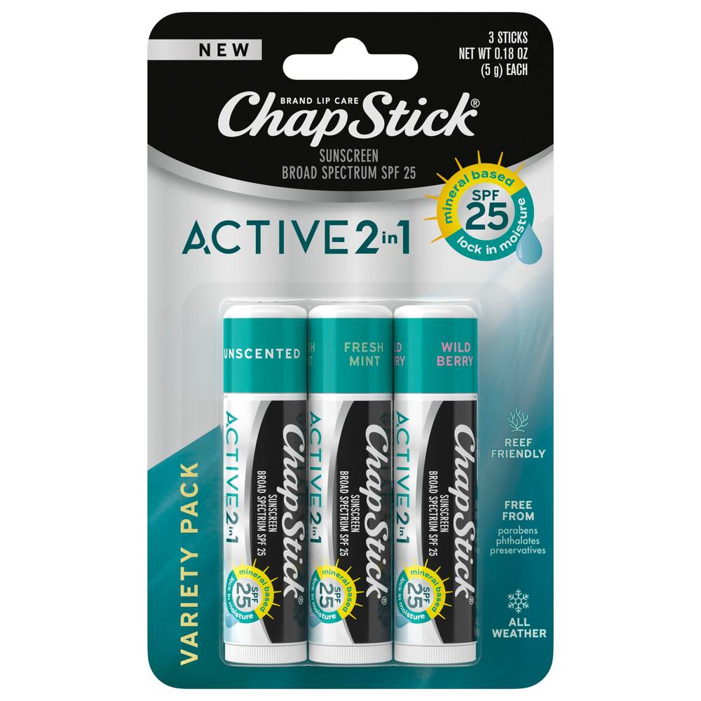 Chapstick Active 2-In-1 Unscented, Wild Berry And Fresh Mint Flavored Lip Balm, 0.18 Oz, 3 Ct