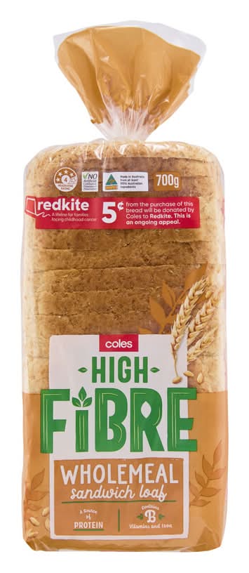 Coles High Fibre Wholemeal Sandwitch Loaf Bread (700g)