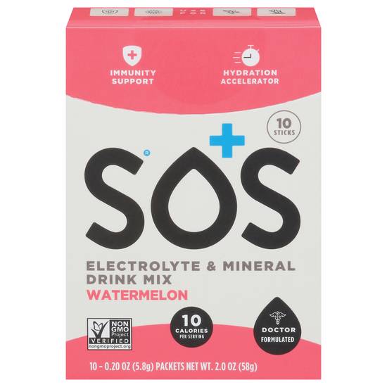 Sos Electrolyte & Mineral Watermelon Drink Mix Packet (10 ct,0.20 oz)