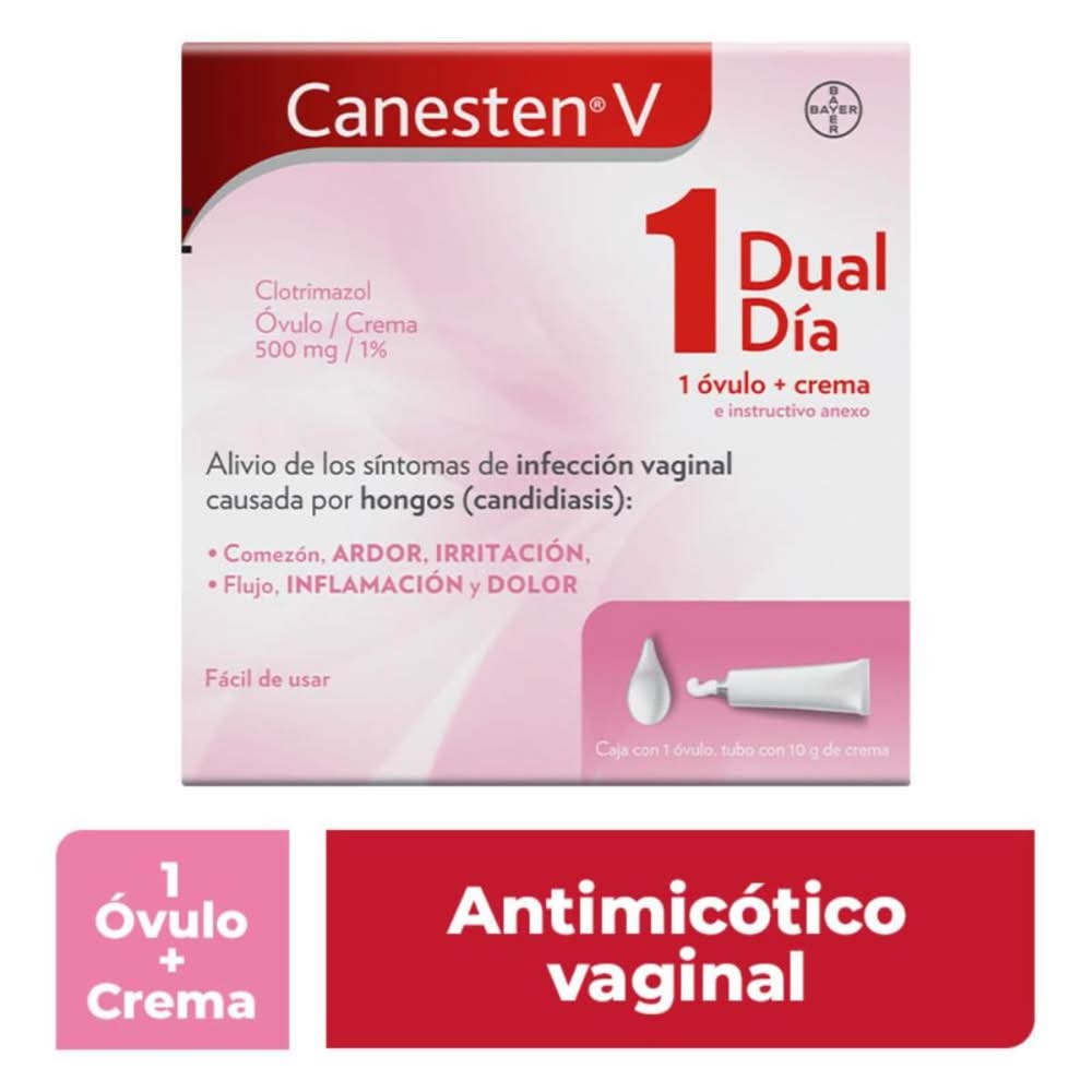 Canesten V · Clotrimazol óvulo 500 mg dosis única y crema al 1% (2 un)