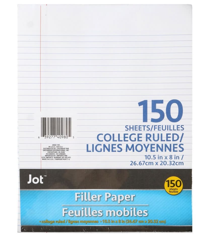 Kaisa College Ruled Filler Paper Sheets, 10.5x8 in (150 ct)