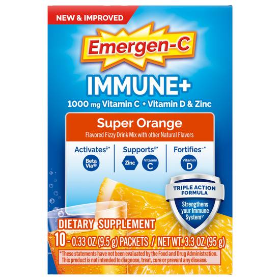 Emergenc-C Immune +Plus Vitamin D Drink Mix, Super Orange, 10 CT