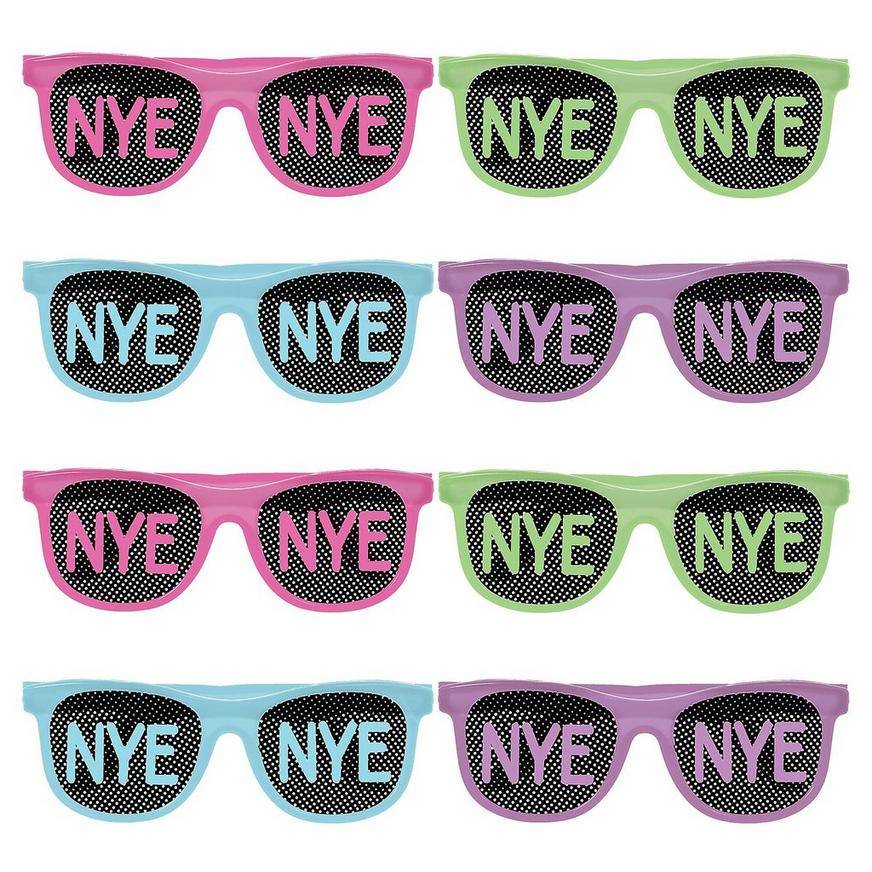 Glow-in-the-Dark New Year's Printed Plastic Sunglasses, 5.75in x 2in, 8ct