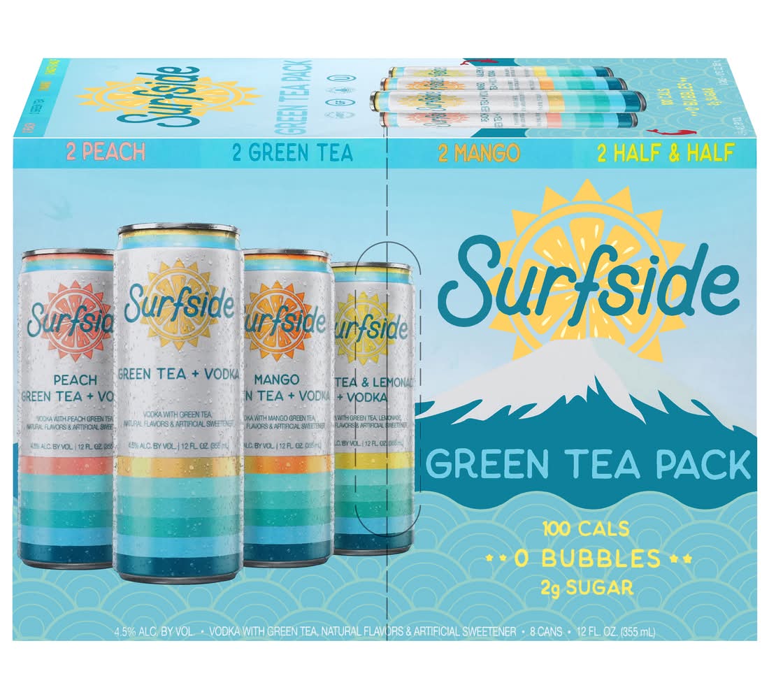Surfside Vodka With Green Tea Variety pack, Peach-Green Tea-Mango-Half & Half (8 x 12 fl oz)