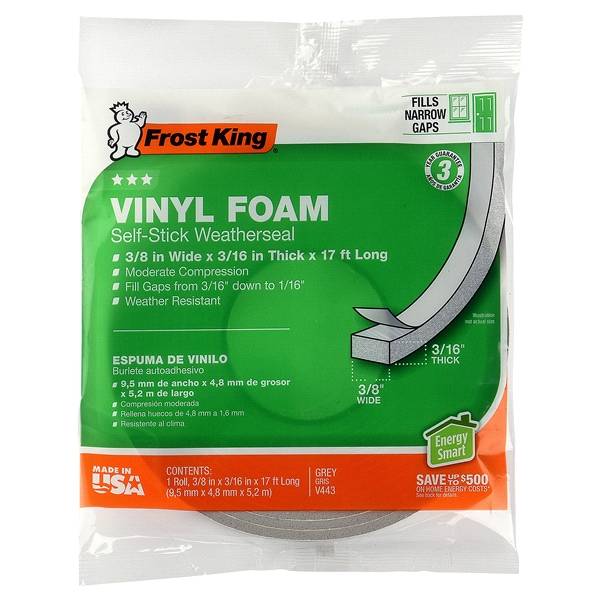 Frost King Vinyl Foam Tape, 3/8'' X 3/16” X 17 ft (grey)