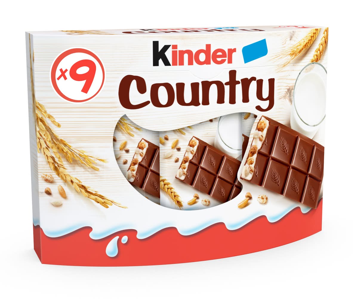 Kinder - Country barres enrobées de chocolat au lait, céréales (9 x 23,5g)