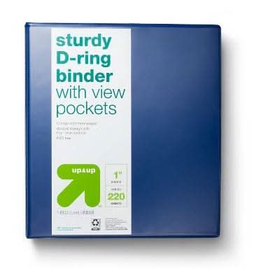 up&up Sturdy D Ring Binder Holds 220 Sheets, 1", Blue