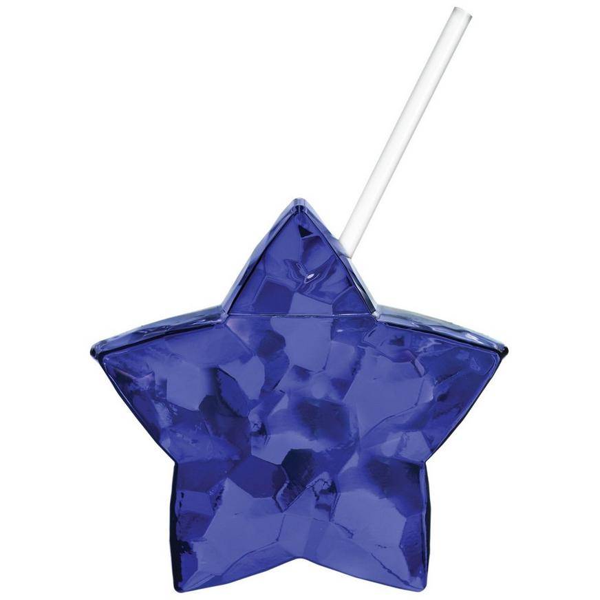 Party City Metallic Patriotic Star Plastic Cup With Straw, Blue