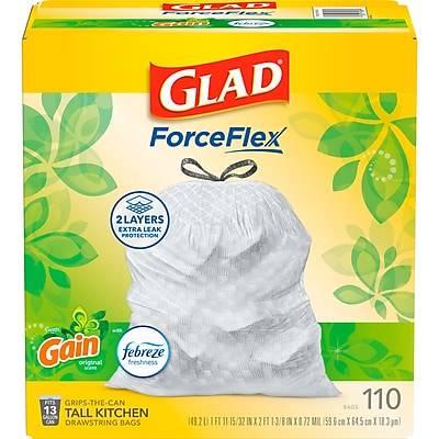 Glad ForceFlex Tall 13 Gallon Kitchen Drawstring White Trash Bags, 110/Box (79098)