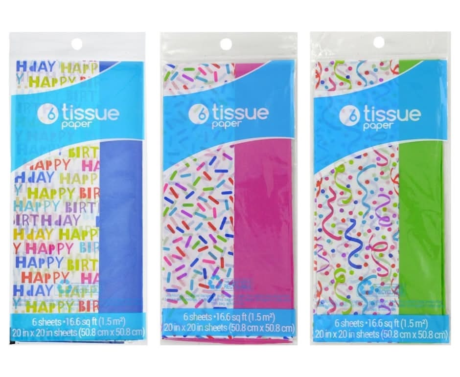 Solid Printed Birthday Tissue Paper, 20x20 in, Assorted (3 pack)