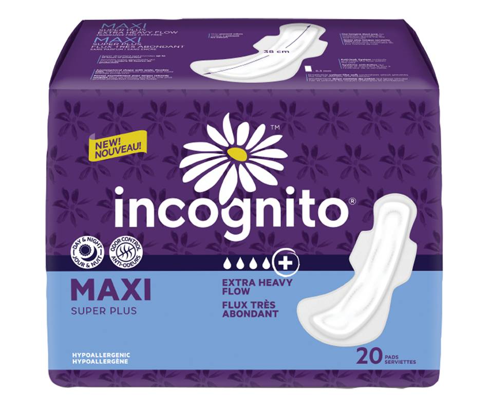 Incognito maxi super plus serviettes hygiéniques avec ailes (20 unités, flux très abondant) - maxi super plus sanitary pads with wings (20 units, extra heavy flow)