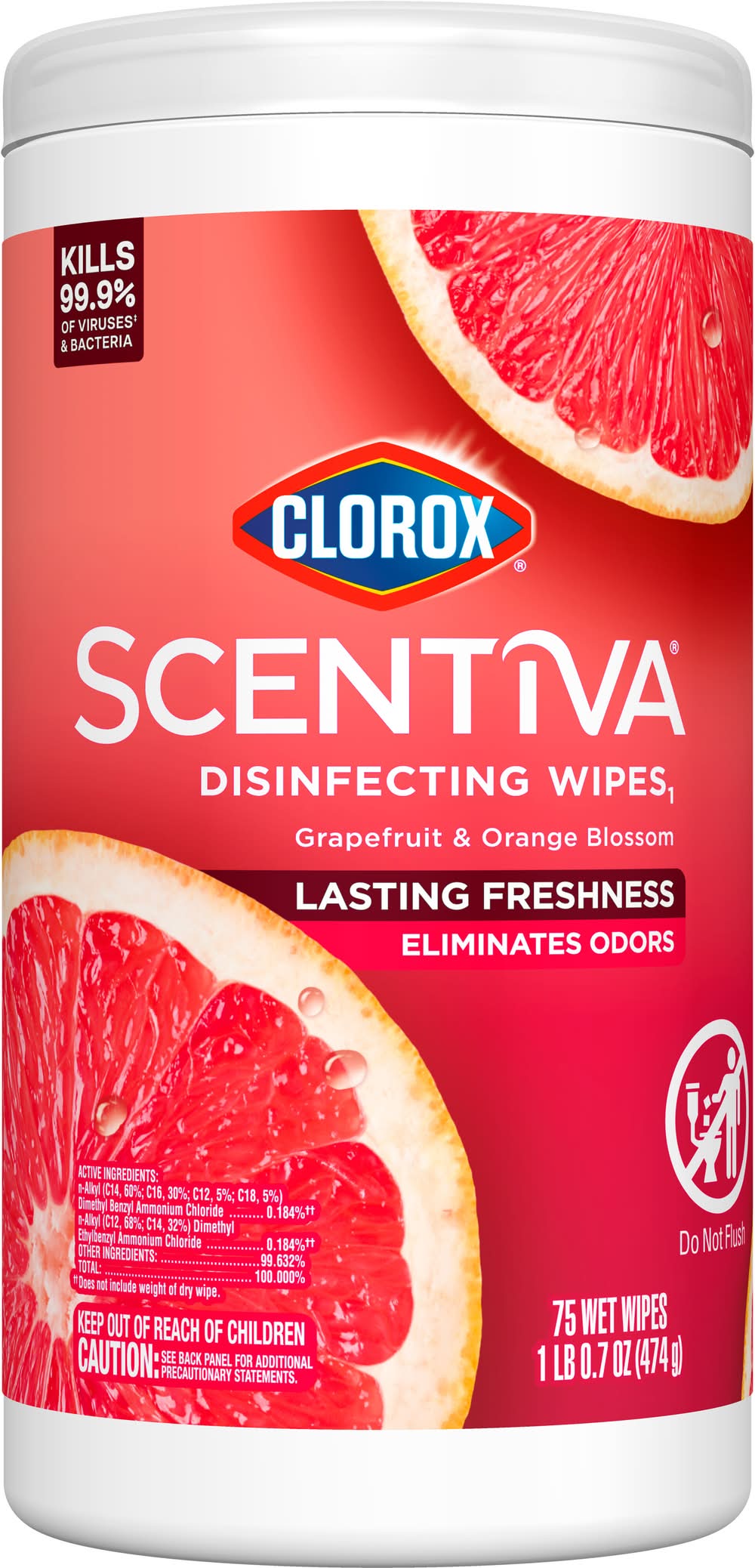 Clorox Scentiva Disinfecting Wipes, Tahitian Grapefruit Splash (1.04 lbs, 75 ct)