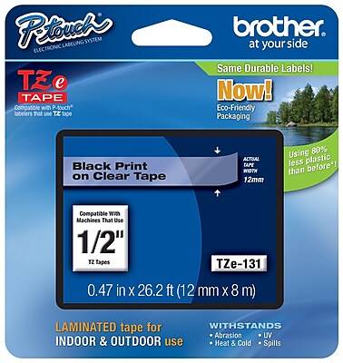 Brother P-touch TZe-131 Laminated Label Maker Tape, 1/2 x 26-2/10', Black on Clear (TZe-131)