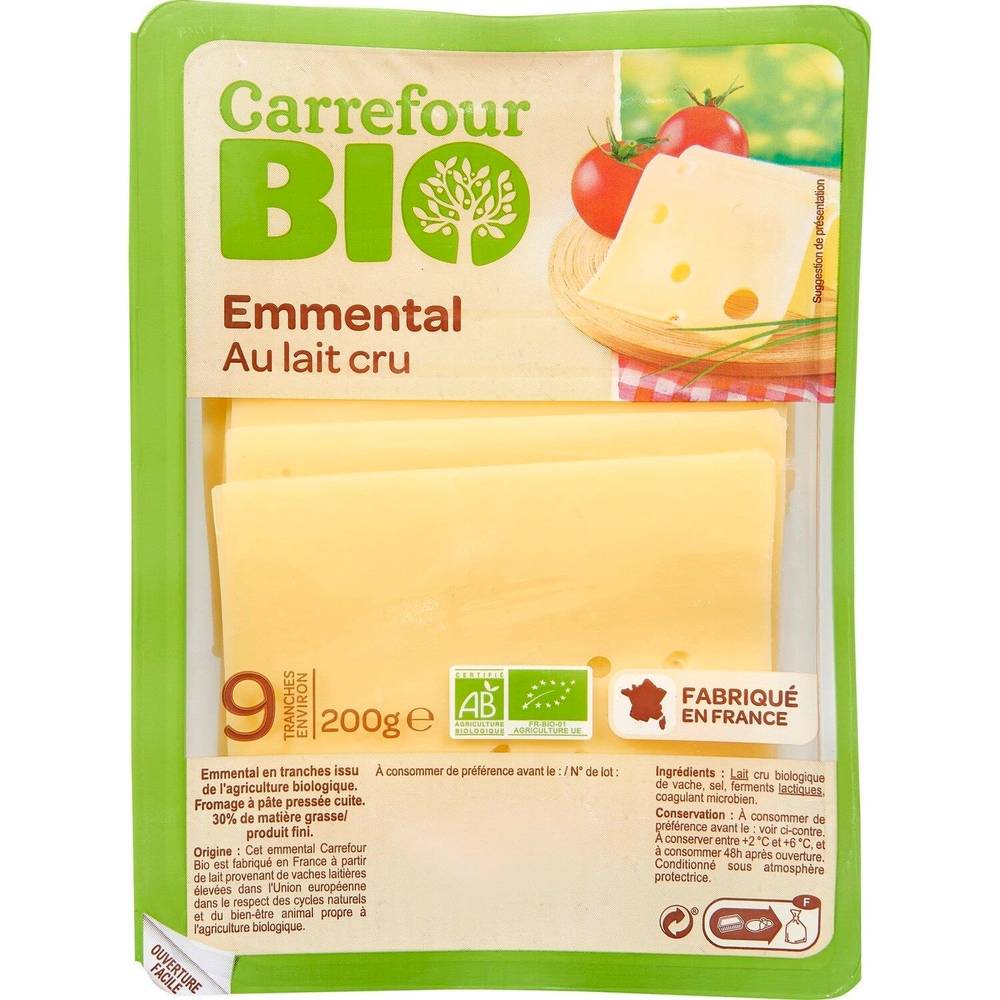 Fromage  en Tranches Emmental Au Lait Cru Bio CARREFOUR BIO - la barquette de 9 tranches