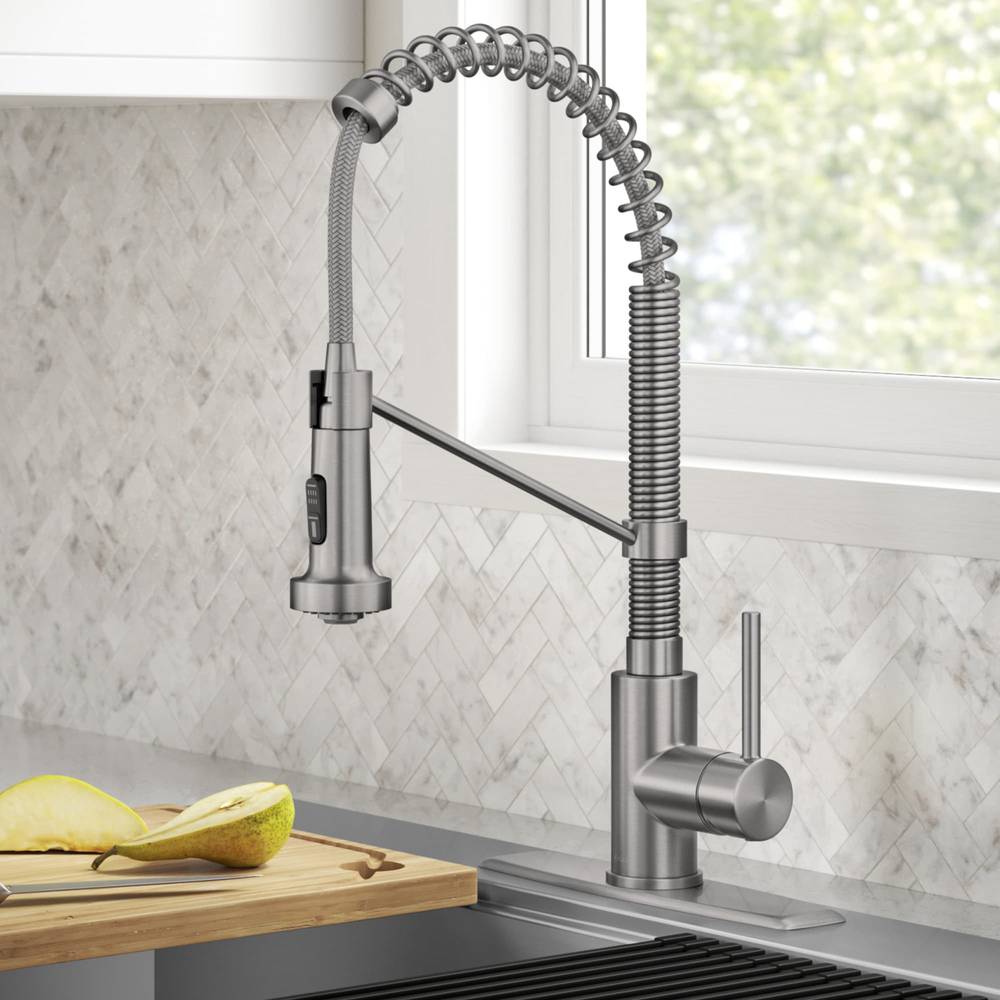 Kraus Bolden Spot-free Stainless Steel Single Handle Pull-down Kitchen Faucet with Sprayer (Deck Plate Included) | KPF-1610SFS-DP02-C