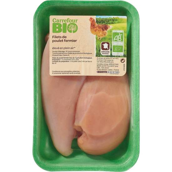 Filets de poulet bio fermier jaune CARREFOUR BIO - la barquette de 300g