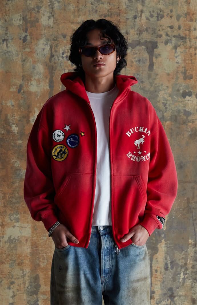 FORD Men's  Buckin Bronco Full Zip Hoodie Red M