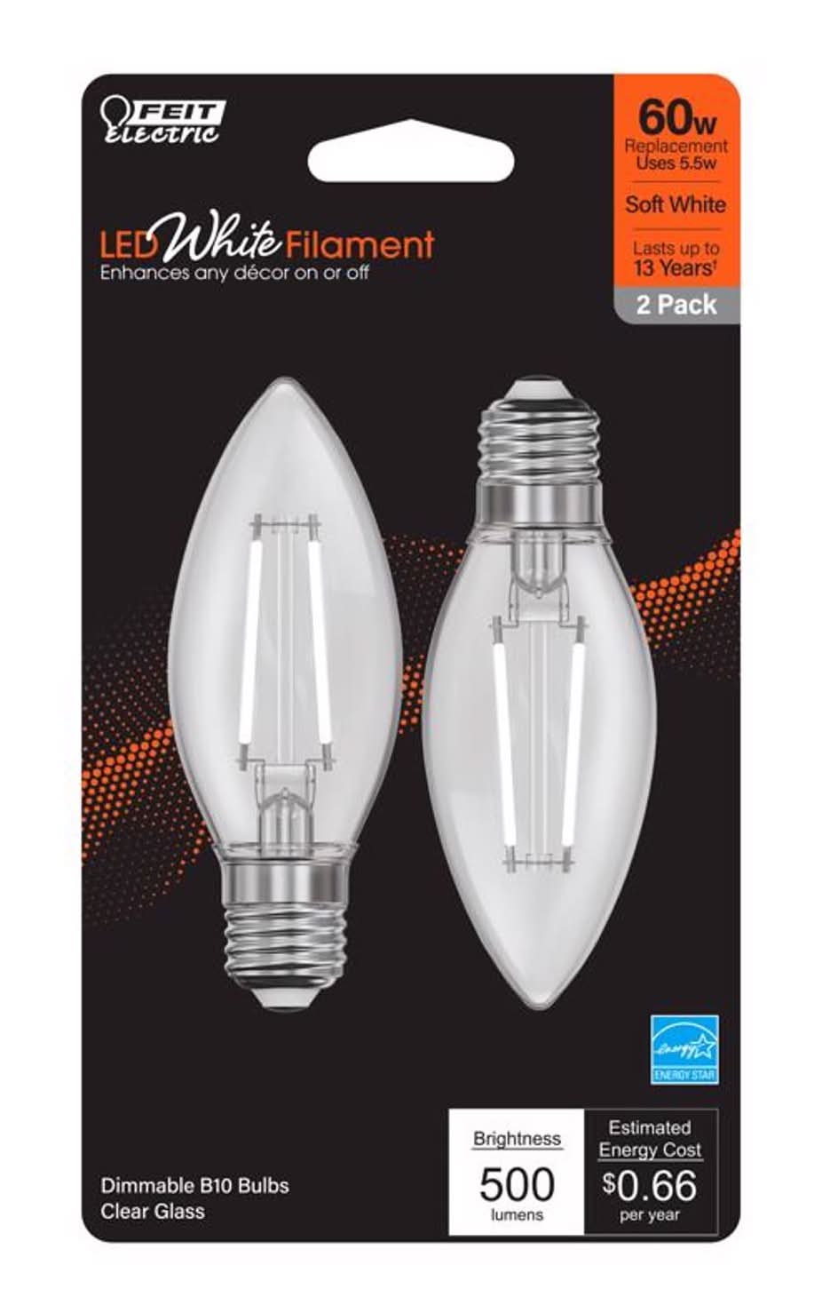 Feit Electric White B10 E26 (Medium) Filament Led Bulb Soft White 60 Watt Equivalence 2 Pk