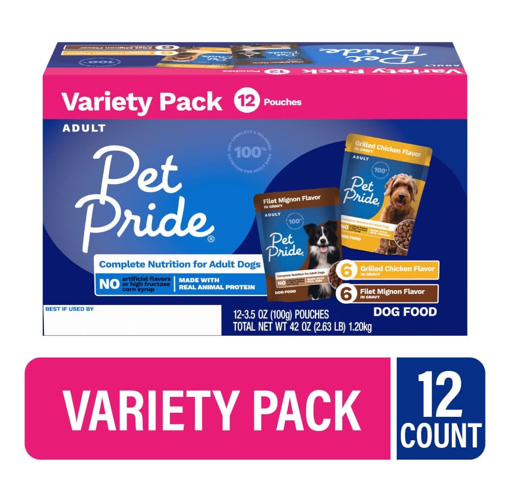 Pet Pride Complete Nutrition in Gravy Wet Dog Food Variety pack, Grilled Chicken-Filet Mignon, Adult (12 x 3.5 oz)