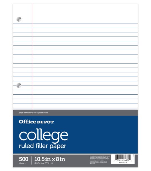Office Depot® Brand Notebook Filler Paper, College Ruled, 8" x 10 1/2", White, Pack Of 500 Sheets