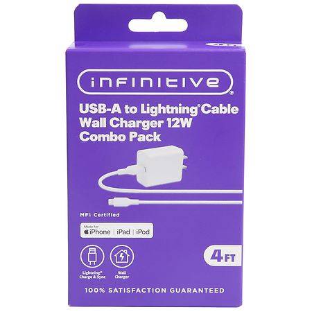Infinitive Usb-A To Lightning Cable Wall Charger Combo pack (48 inch)