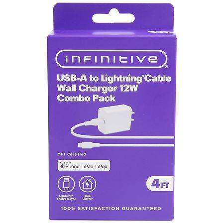 Infinitive Usb-A To Lightning Cable Wall Charger 12w Combo pack, 48 Inch