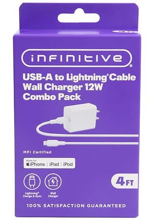 Infinitive Usb a To Lightning Cable Wall Charger 12 W Combo pack, 4 ft