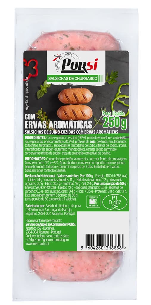 PorSi - Salsichas churrasco com ervas aromáticas, embalagem de 250 g