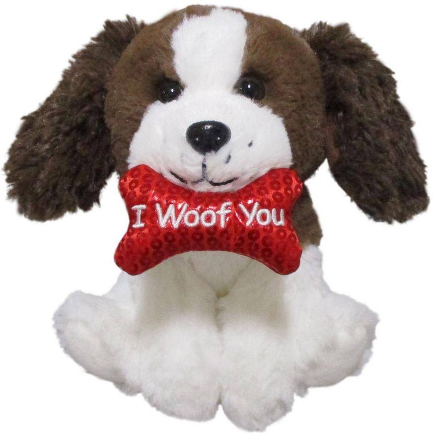 White Brown Valentine's Day I Woof You Dog Plush, 7.5in