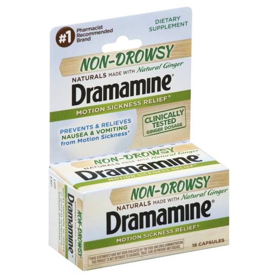 Dramamine Natural Ginger Non-Drowsy Capsules Motions Sickness Relief (18 ct)